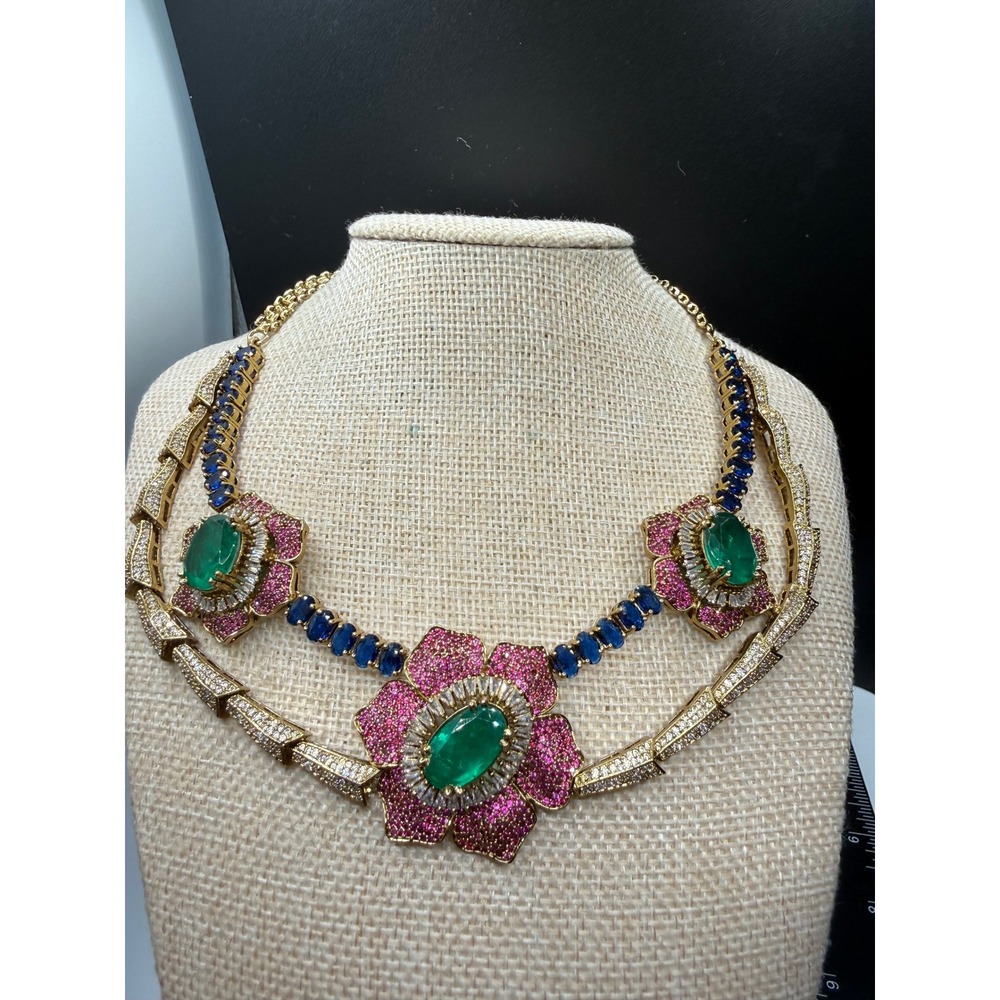 Floral Statement‎ Necklace and Earrings Set Green Pink Blue Gold Tone Jewelry